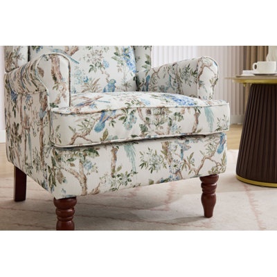 Modern Accent Chair with Retro Wood Legs, Comfy Upholstered Armchair, Floral Design Single Sofa Chair for Living Room Bedroom Office - Floral