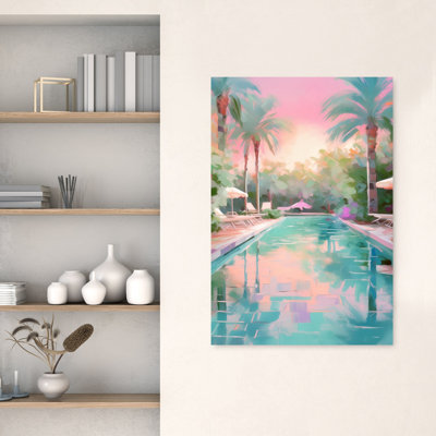 Tableau d'art mural représentant une piscine de villégiature de rêve, un coucher de soleil d'été serein et paisible sous un palmier