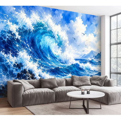 Wall Mural Peel and Stick Wallpaper Abstract Blue Ocean Waves Watercolor Painting Dynamic Splash Flow Self-Adhesive Removable Contact Paper Wall Decor for Living Room Bedroom 100"H x 144"W
