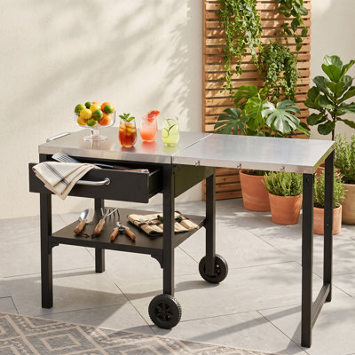 Foldable Outdoor Kitchen Cart with Stainless Steel Top, Storage Drawer and Lower Shelf