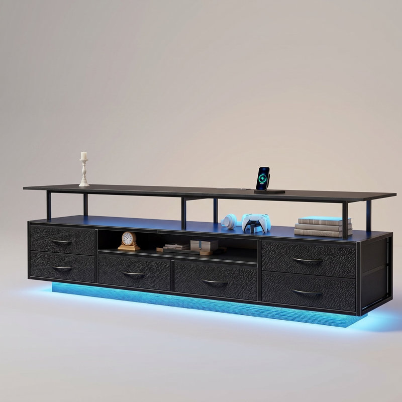Meuble télé 63 po avec 6 tiroirs et prises de courant pour téléviseur 55, 60, 70, noir, Black