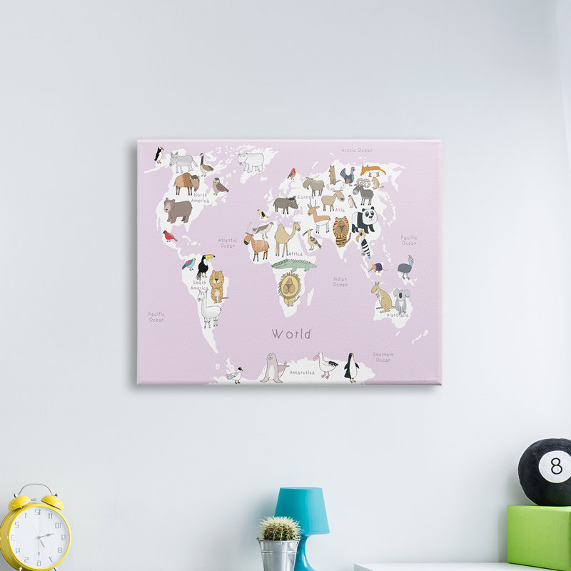 Carte du monde avec des enfants, rose clair - impression, H 24 po x l 30 po, Giclée encadrée noir minuit