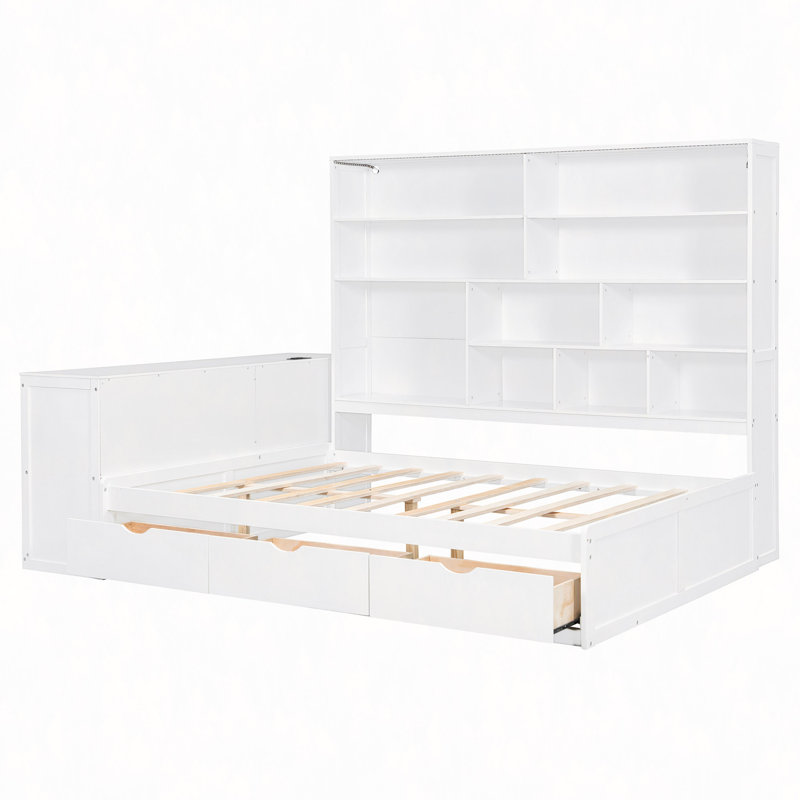 Lit de jour en bois avec trois tiroirs, bureau, tablettes et lumières, Blanc