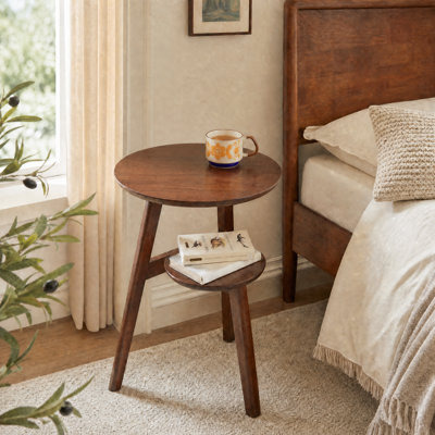 2-Tier Round Solid Wood Side Table, Rubberwood End Table with Storage Shelf for Living Room Bedroom