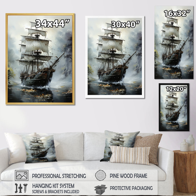 «Stormy Seas Corsairs Pirate Ghost Ship I», reproduction sur toile, H 40 po x l 30 po x P 1,5 po, Encadrement doré