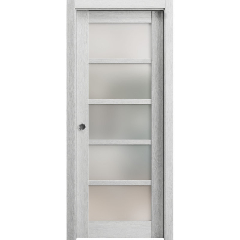 Porte coulissante à galandage avec vitrage dépoli Quadro 4002, finitions chêne gris pâle, quincaillerie et rail inclus, bois massif, pour chambre à coucher, portes robustes - 71 cm x 203 cm