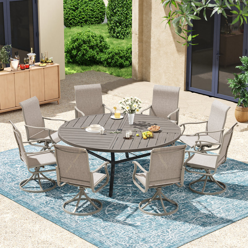Ensemble repas pour 8 personnes avec table de salle à manger ronde de 60 po et 8 chaises pivotantes en textilène