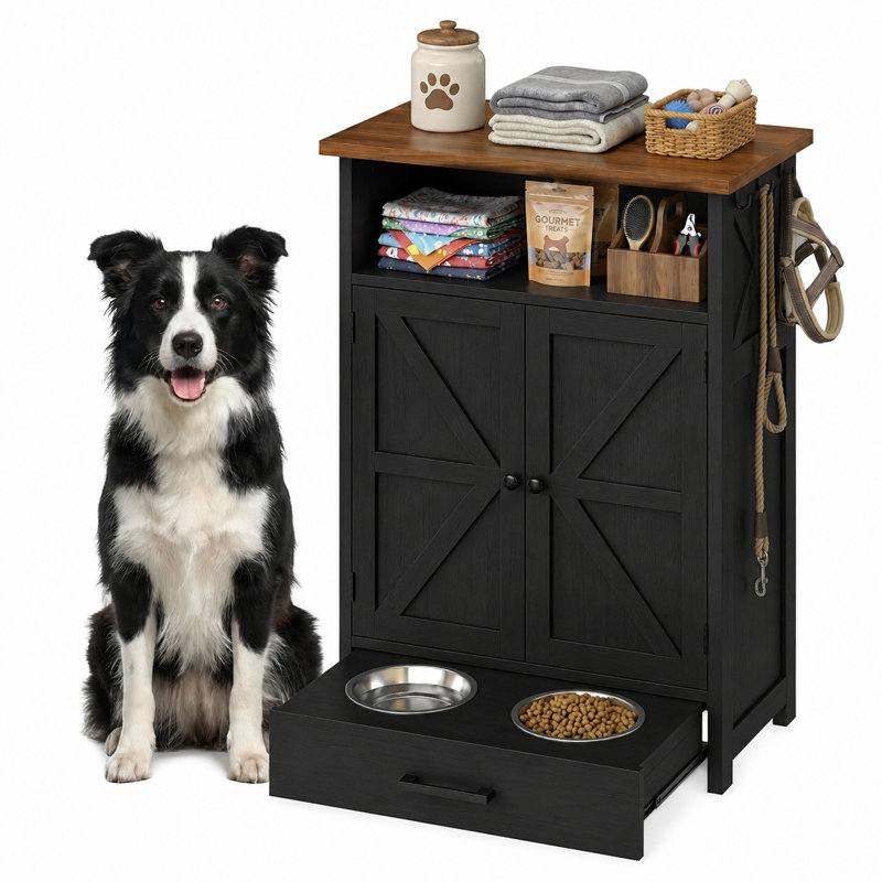 Meuble de rangement pour bols de chien, comprenant 2 bols surélevés, 3 crochets et un tiroir coulissant.
