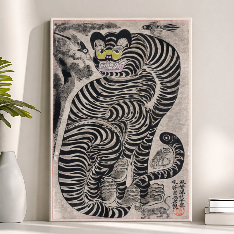 Art populaire asiatique, tigre avec pie, peinture sur toile, art traditionnel de style coréen, 24 x 36