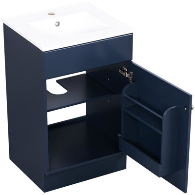 Meuble-lavabo bleu de 20 po avec lavabo en céramique lisse, peint, robinet monotrou, trop-plein en métal, mécanisme de fermeture en douceur de 20 po en bleu, cadre équipé, charnières rouillées, conception à débordement et tablette flexible