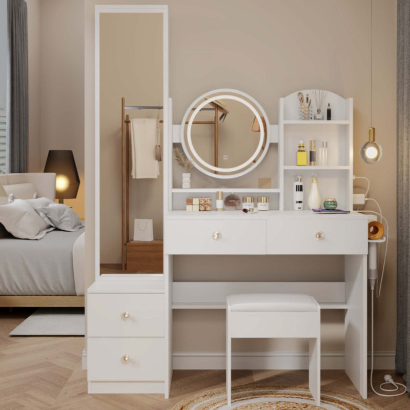 Full Body Mirror Cabinet Vanity Set with LED Vanity Table & Cushioned Stool | 17" Touch Control 3-Color LED Mirror, Built-in 2 AC + 2 USB Ports