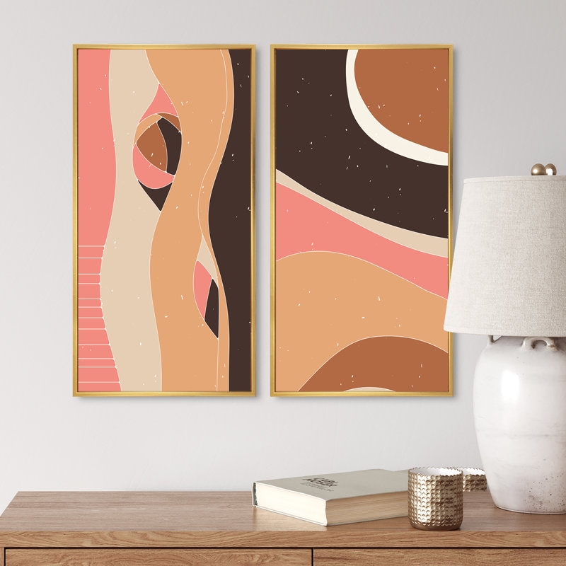 «Retro Abstract Colorful Landscape Design V», ensemble de 2 reproductions, H 20 po x l 24 po x P 1 po, Toile avec cadre doré