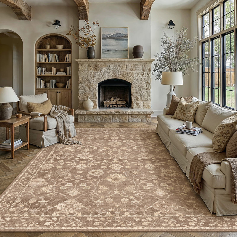 Tapis lavable à motif floral rétro Avella avec envers antidérapant, Brun, Rectangle 8' x 10'