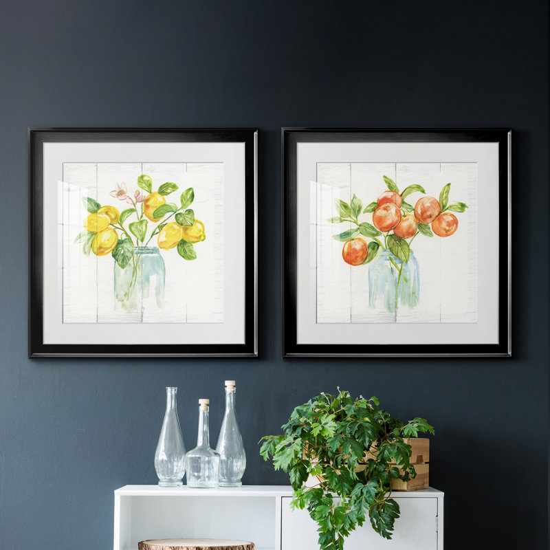 Lemon Branches - 2 Piece Painting, White, 18.5" H x 18.5" W x 1" D, Black Framed Paper