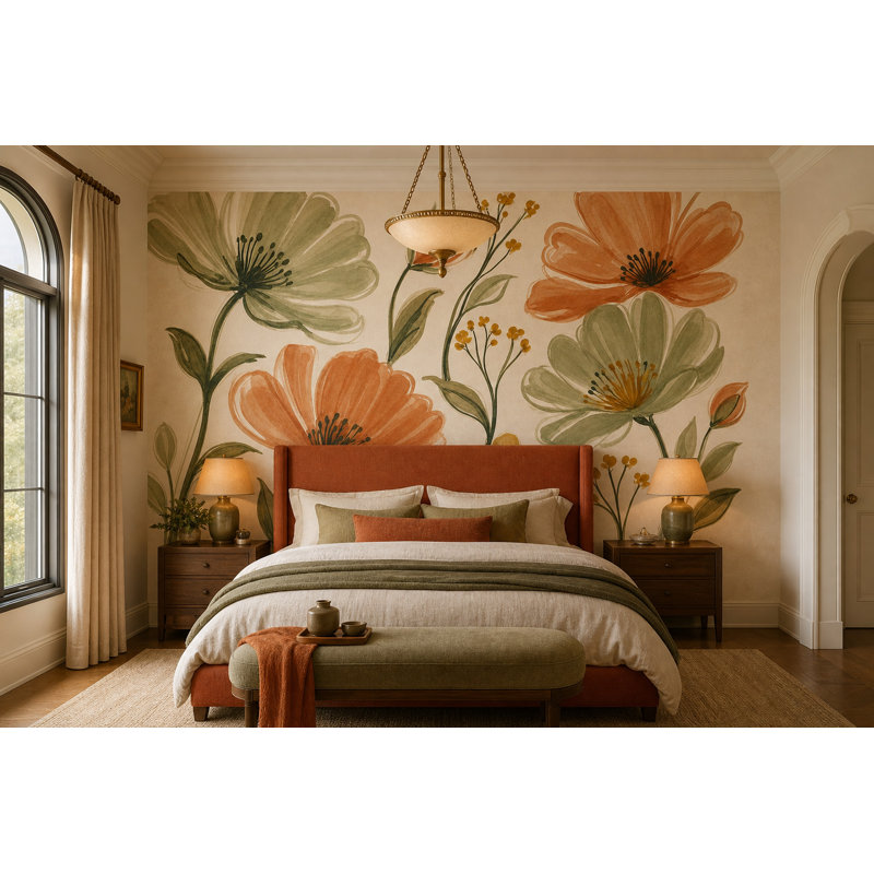 Papier peint fleurs terracotta, 100 po x 96 po, Peler et coller