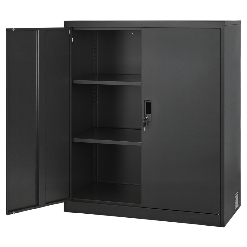 Metal Storage Cabinet, 41.7 in Steel Garage Cabinet with 2 Adjustable Shelves, 2 Magnetic Doors & 2 Keys, 3 Tiers Lockable Tool Storage for Pantry, Warehouse, Basement, Office, Black