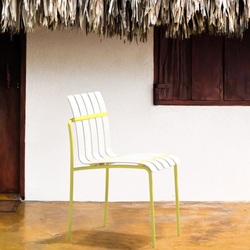 Ensemble de 4 chaises rayées à blocs de couleur avec métal et imperméable pour balcon extérieur, blanc crème et jaune grain moderne, siège intérieur / extérieur
