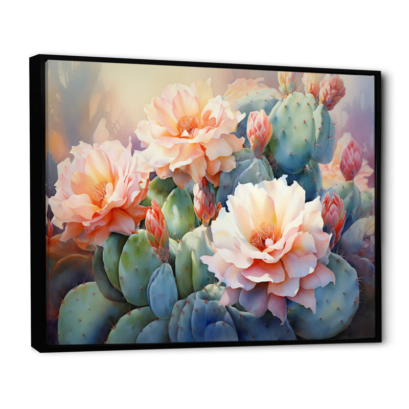 «Peach Green Cactus Romantic Impression», reproduction sur toile, H 12 po x l 20 po x P 1 po, Cadre flottant noir