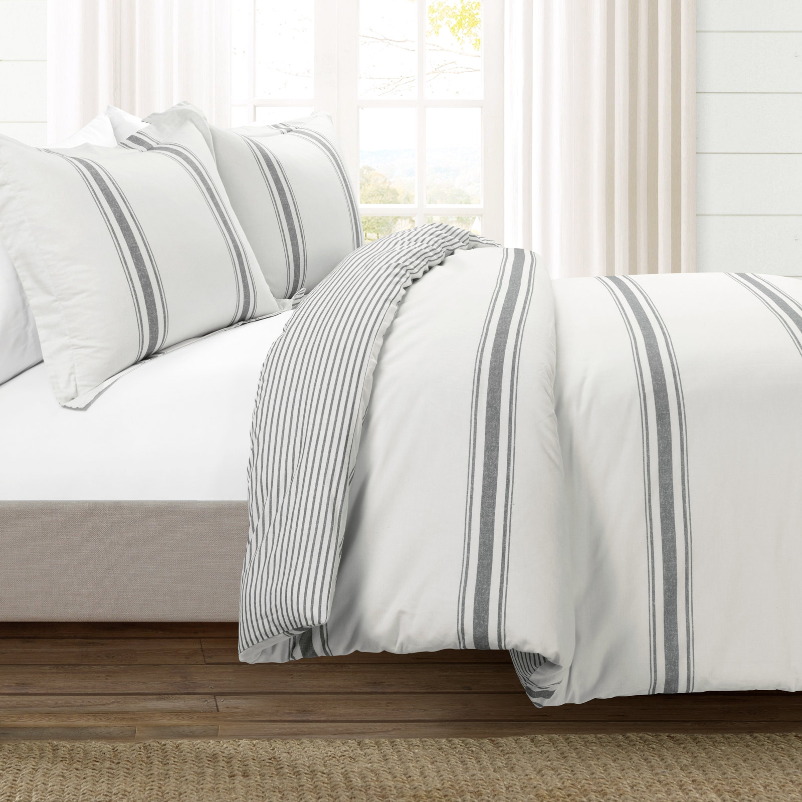 Gilroy Cotton Quilt Set, King Quilt + 2 Shams, Dark Gray