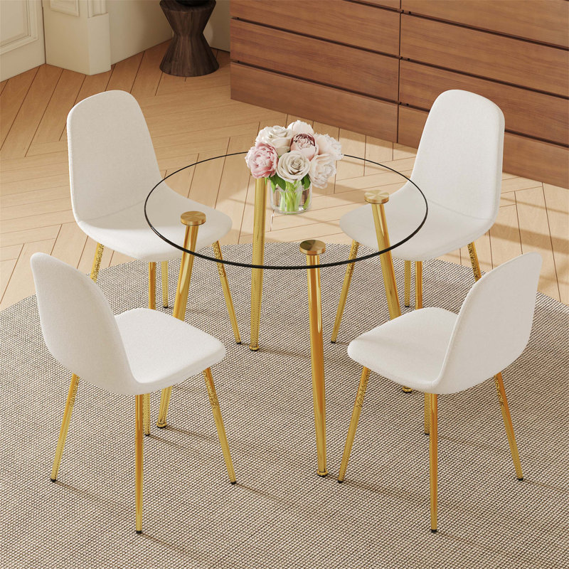 Table de salle à manger moderne en verre 36 pouces et 4 chaises en lin et coton blanc haute résilience, pieds en métal doré