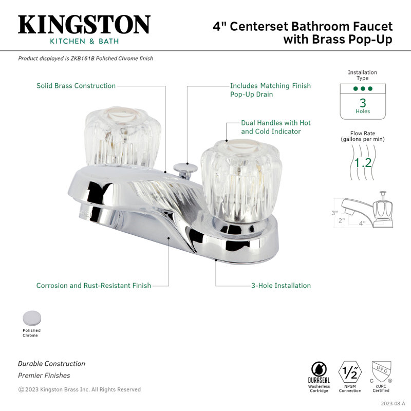 Robinet de salle de bain à centre, Mécanisme de bonde inclus