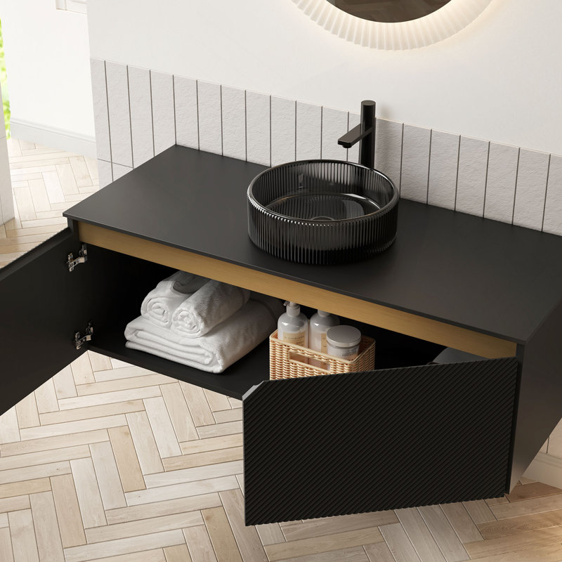 Meuble-lavabo 48 po avec lavabo, armoire de rangement flottante murale en contreplaqué, portes doubles en sergé avec garniture en métal, lavabo rond en verre transparent et plateau en pierre frittée
