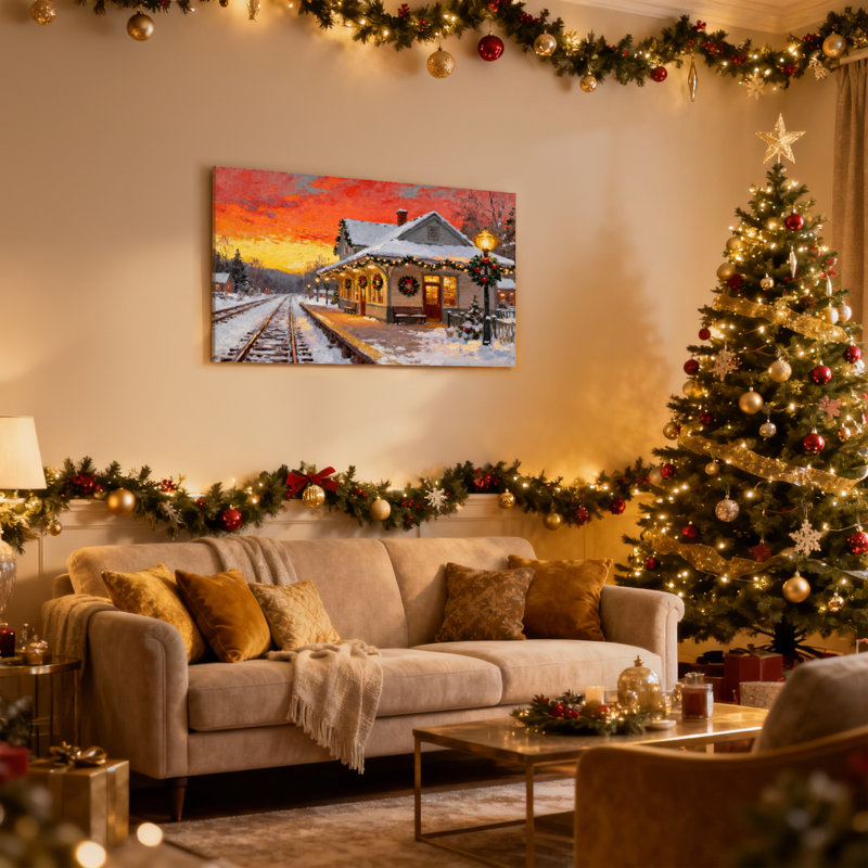 «Christmas Winter Station Christmas Sunset Snowy Traces», ensemble de 3 impressions sur toile, H 12 po x l 18 po