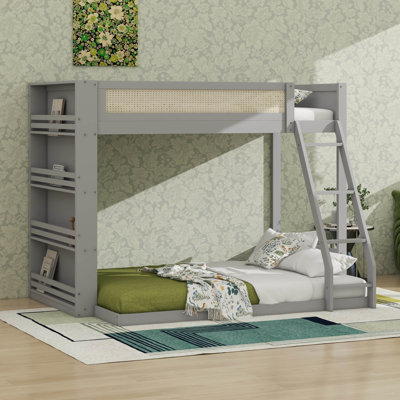 Twin Over Full Floor Bunk Bed With Side Storage Shelf And Light, Wooden Bunk Bed With Built-In Ladder And Guardrails