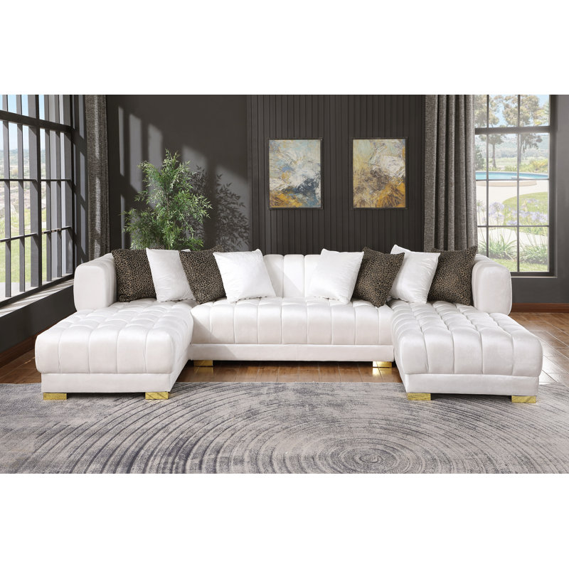 Mayford Double Chaise Modern White Velvet Sectional With Pillows And Gold Legs, White Velvet, Gold