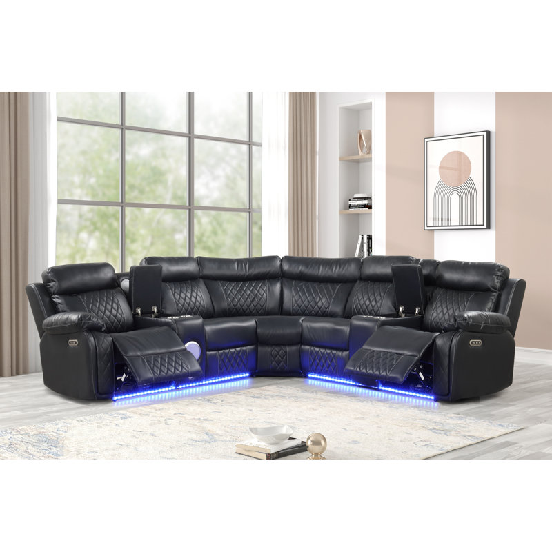 Gattus Faux Leather Power Reclining Sectional, Black Faux Leather