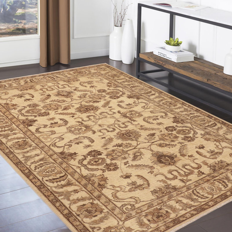 Tapis brun / beige en laine noué à la main de style oriental rectangulaire 6 pi 1 po x 9 pi Baccio