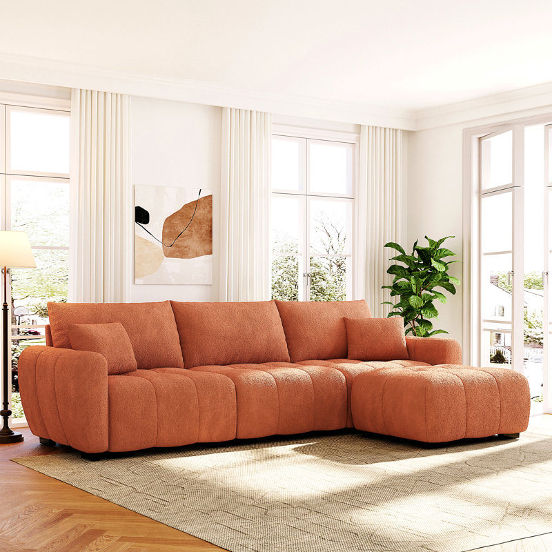 Canapé modulaire de 110 po, en forme de L avec siège très grand, conception à tirette, repose-pieds mobile, mousse haute densité, combinaison libre, structure en métal et en bois robuste, tissu bouclé