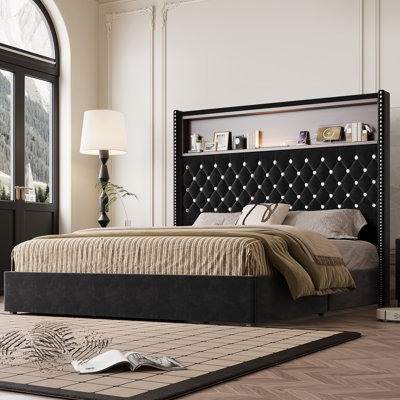 Cadre de lit doux en velours pour grand lit avec port USB et veilleuse, tête de lit de 52 po de hauteur avec décoration rivetée, lit plateforme à oreilles avec tablette de tête de lit, noir