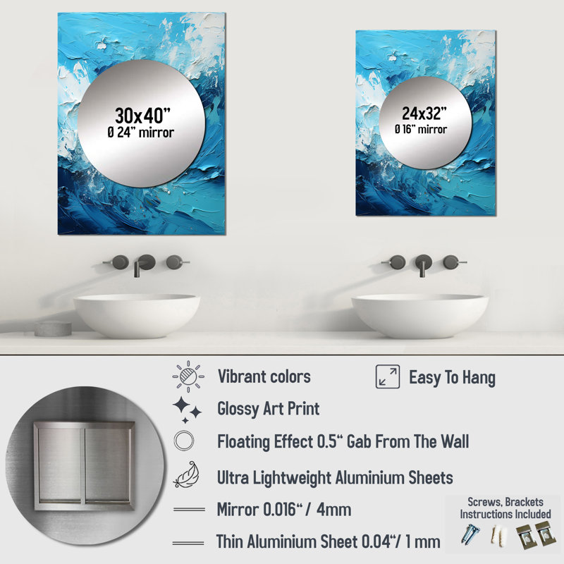 Cerulean Seascape III - Miroir mural paysager, miroir décoratif moderne, impression d'art en métal, 40 po x 30 po