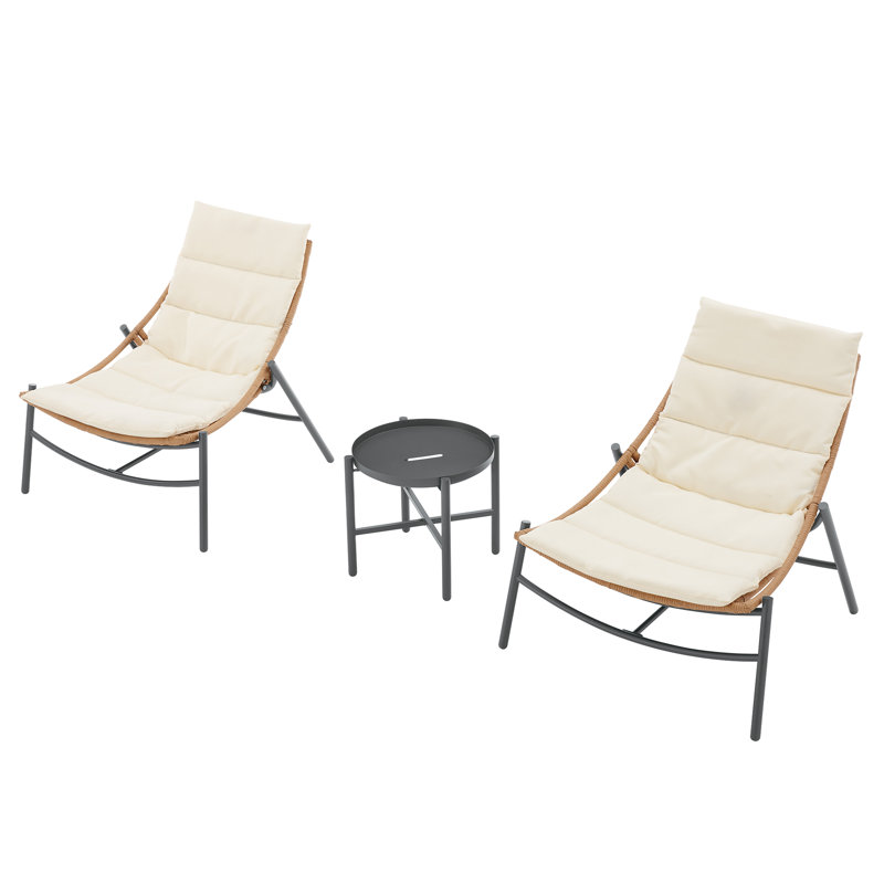 Cream Cushioned Steel Frame Outdoor Lounge Chair Set