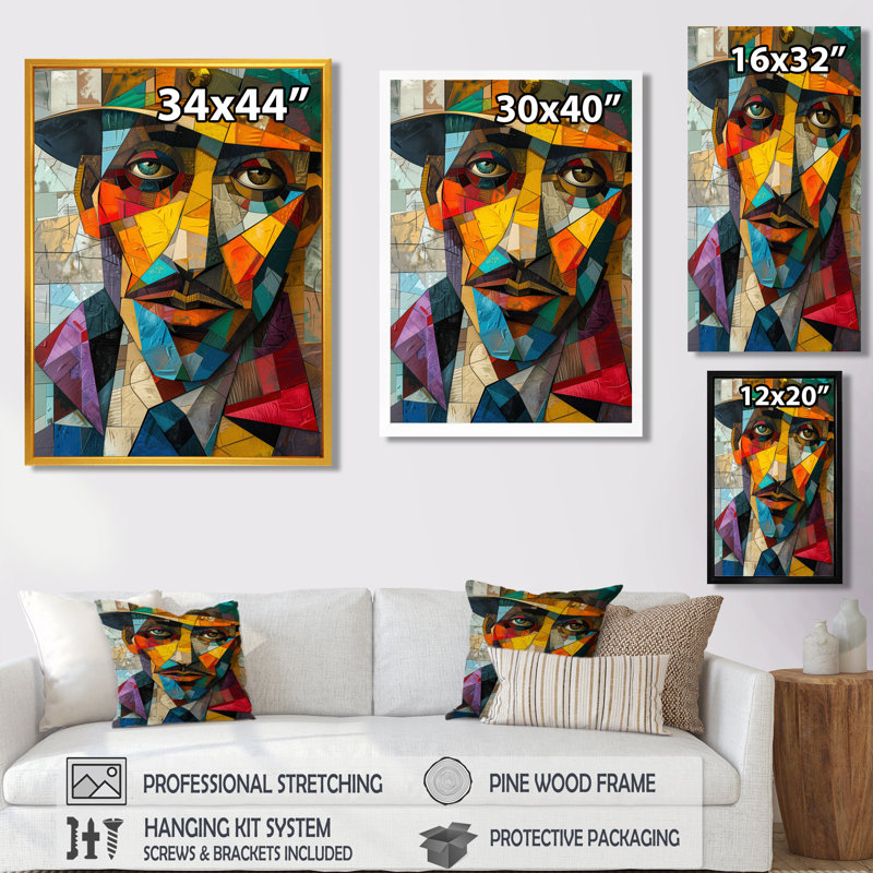 «Blue Yellow Geometric Fragmented Portrait», reproduction d'art cubique abstraite, Cadre flottant noir, H 16 po x l 32 po