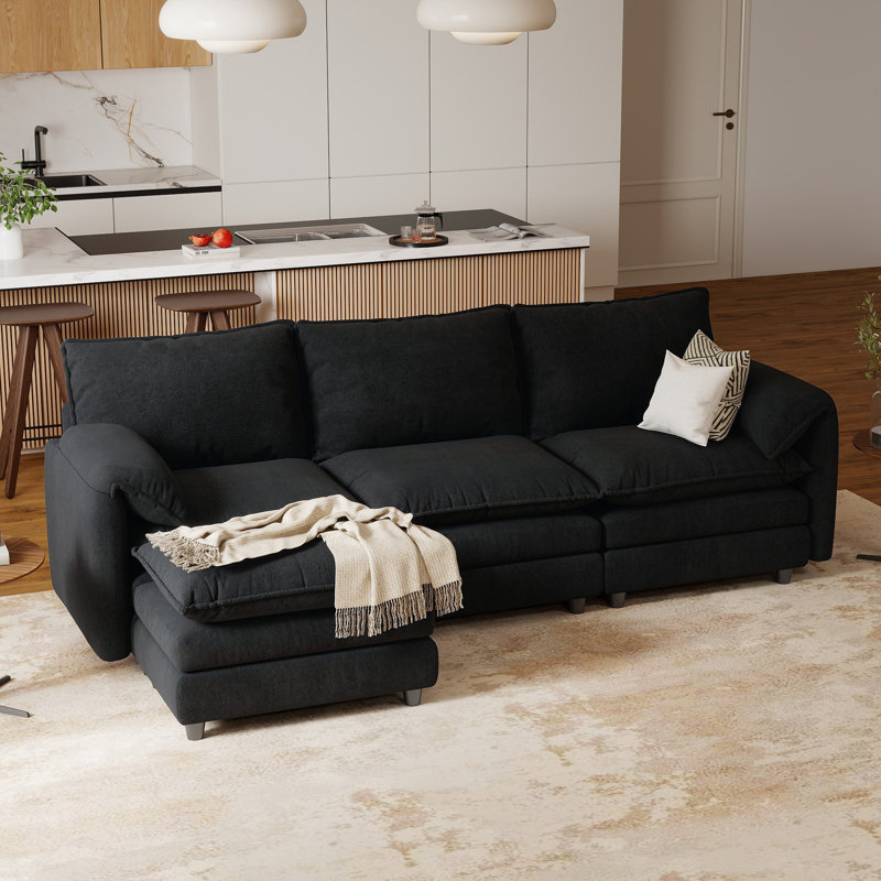 Canapé modulaire en velours 108 po à 3 places avec repose-pieds profond et repose-pieds l 108 po, Velours noir
