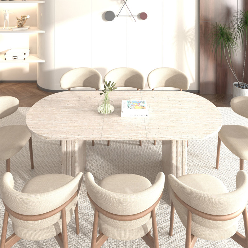 Table de salle à manger extensible pour 4 à 8 personnes, table de cuisine ovale avec base en bois pour salon de famille (inspirée du travertin)
