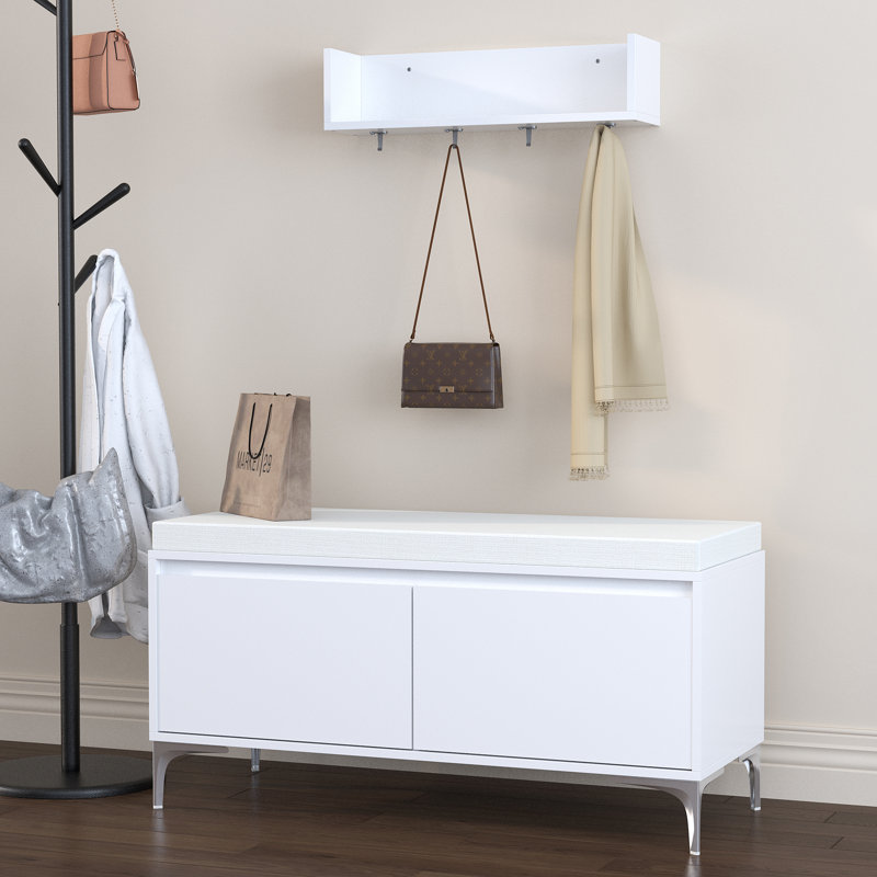 Ensemble de tablette de hall d'entrée murale avec crochets et banc de rangement, armoire à chaussures blanche moderne avec coussin et rangement fermé pour couloir, chambre à coucher ou vestibule