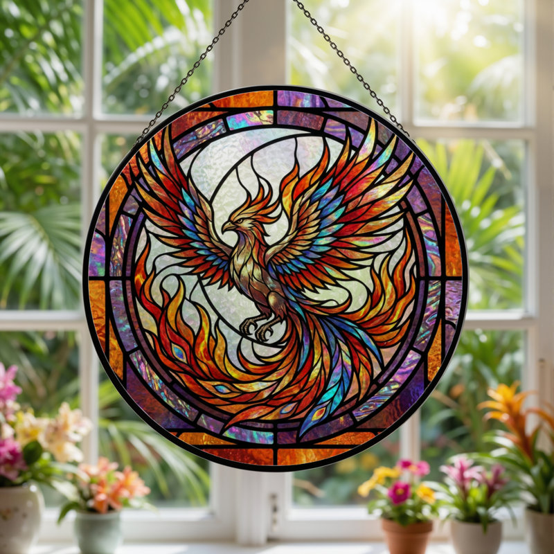 Vitrail de fenêtre vitrail H 12 "Phoenix, H 12 po x l 12 po