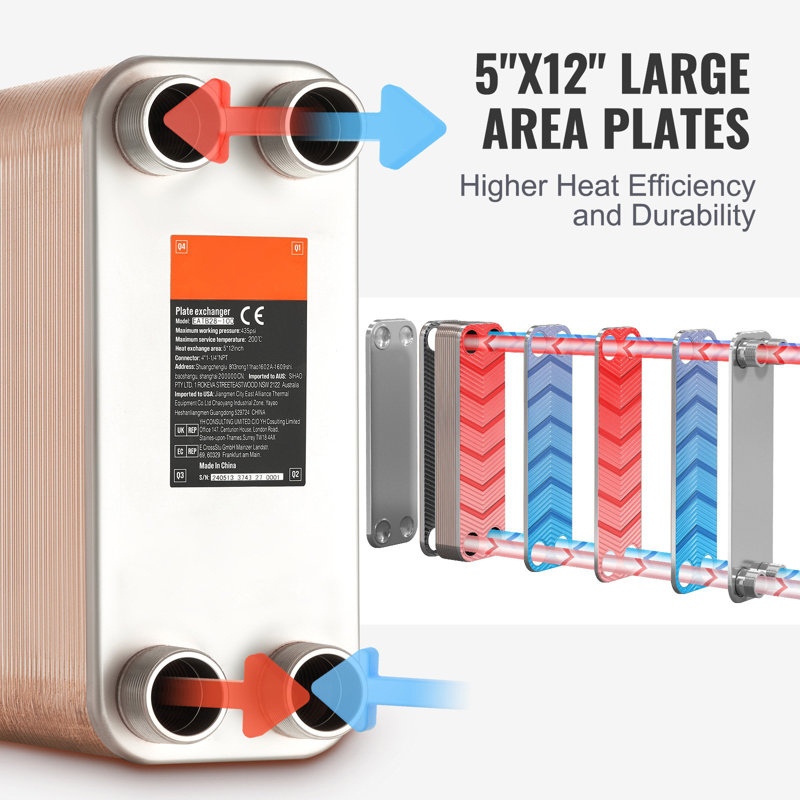 100 Plate Heat Exchanger 4*1-1/4" MNPT Ports 5"X 12" Brazed 316L St. Steel