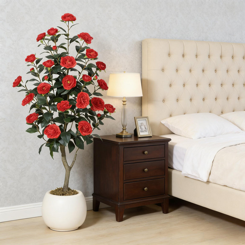 Camélia artificiel avec pot blanc pour décoration intérieure et extérieure, 48 po x 7 po, Rouge