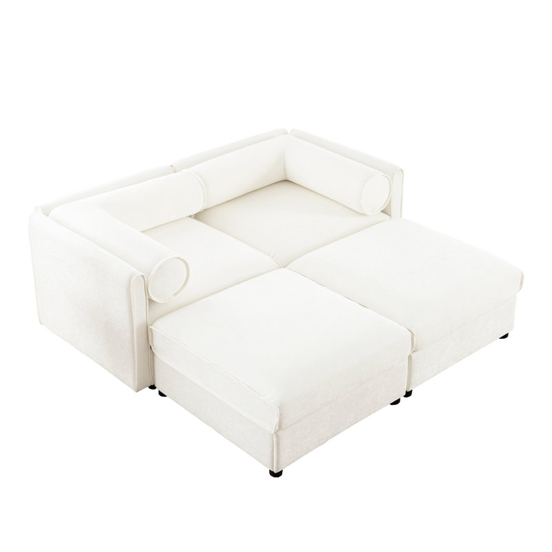 Sawyer 2-Seater Chenille Sectional Sofa with 2 Ottomans, Chenille blanche