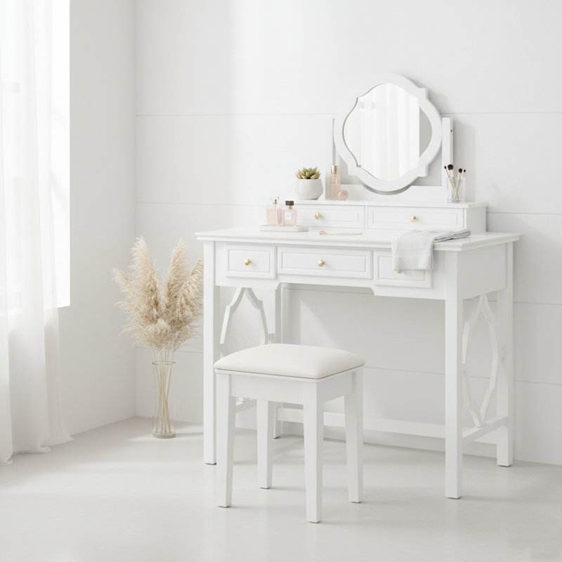 Modern Compact Vanity Desk With Reversible Mirror & Stool, White Finish For Small Rooms