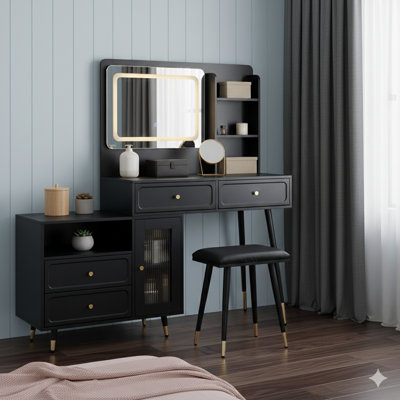 Meuble-lavabo moderne avec miroir et lumières. Une coiffeuse rétractable équipée de tiroirs et d'une armoire. Cet ensemble de table de maquillage compact comprend une prise de courant pour la chambre à coucher, en noir.