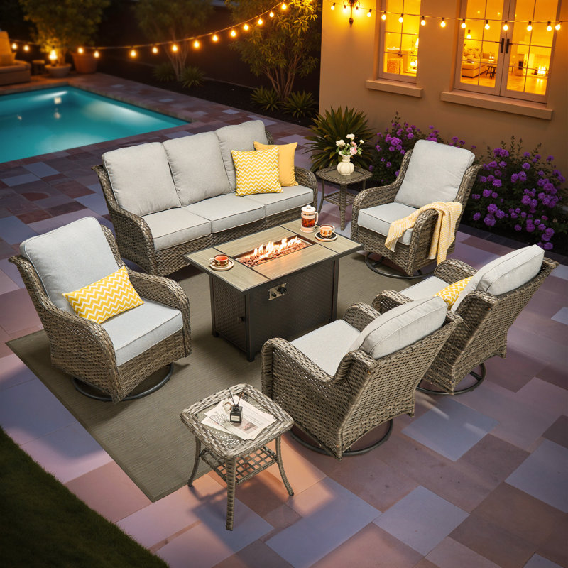 Cracraft 8-Piece All-Weather Wicker Patio Furniture Set With 42” Fire Pit Table, Deep Seating Sofa & Swivel Rocker Chairs For Backyard, Patio & Poolside Evenings