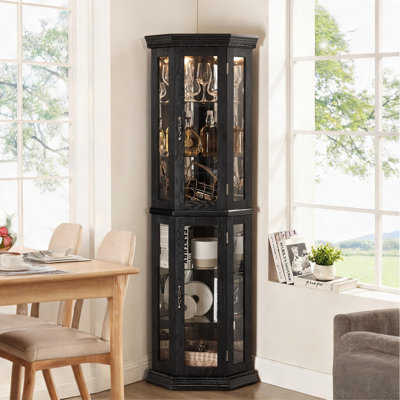 Vitrine de coin en verre trempé, tablette de rangement pour la maison, noir profond, tablette lumineuse de 69,6 pouces de hauteur