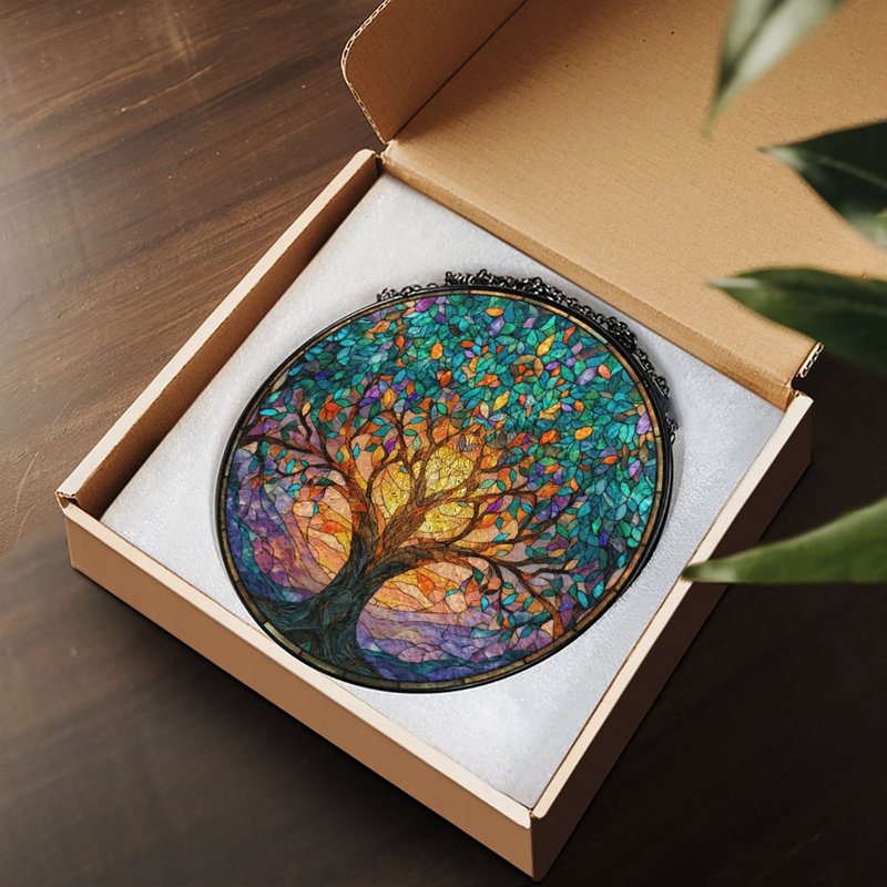 Vitrail arbre coucher de soleil panneaux vitrail Suncatcher pour décoration de fenêtre, 9,8 x 9,8 po (25 x 25 cm)