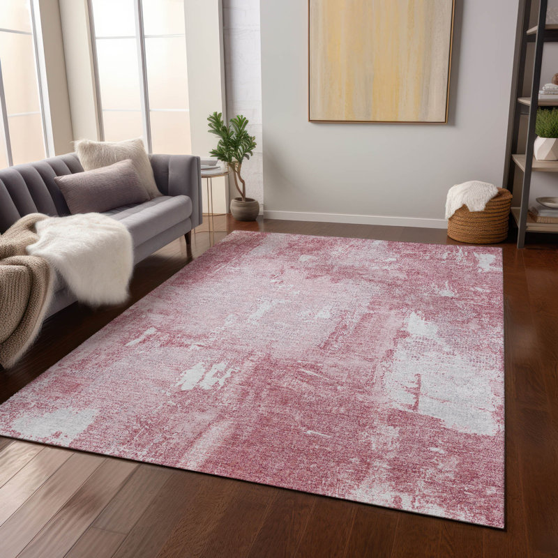 Pink Abstract Rectangular Washable Synthetic Area Rug 46" x 30"
