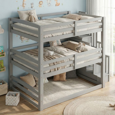 Lit superposé double au-dessus de double en bois massif, lit superposé triple double avec escalier de rangement pour la chambre à coucher